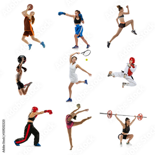 Collage of different professional sportsmen  fit people in action and motion isolated on white background. Concept of sport  achievements  competition  championship.