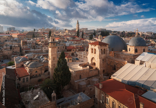 Jerusalem top view above postcard. Church of the Holy Sepulchre and tower of Terra Sancta church in Old City photo