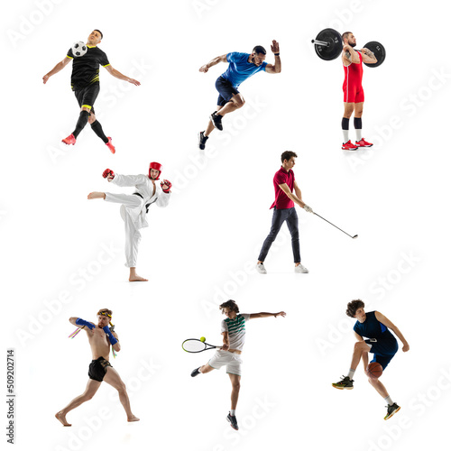 Fototapeta Naklejka Na Ścianę i Meble -  Collage of different professional sportsmen, fit people in action and motion isolated on white background. Concept of sport, achievements, competition, championship.