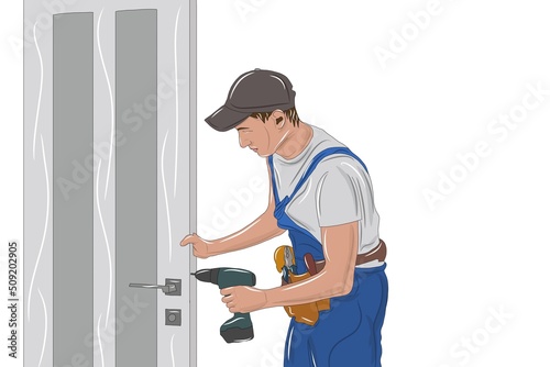 Professional locksmith repairing a door lock using professional tools.