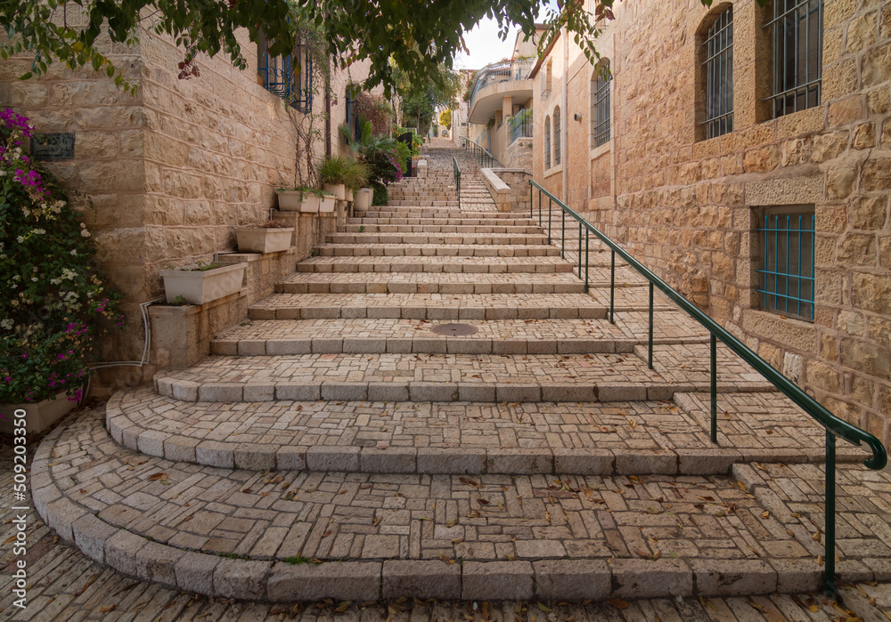Jerusalem historic neighborhood Yemin Moshe big stone staircase