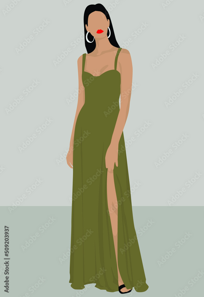 Vector flat image of a young lady in a long green dress with a slit ...