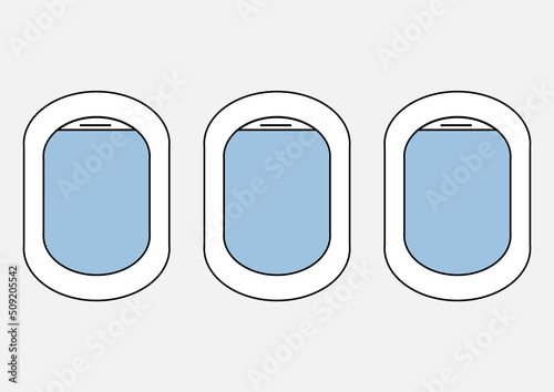 Isolated airplane window with blue sky from customer seat view