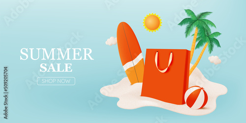 Shopping bag for summer sale banner in 3d art style