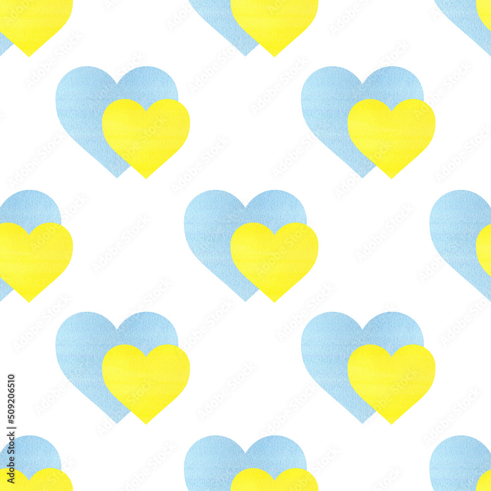 Watercolor seamless pattern with heart shaped Ukrainian flag.
