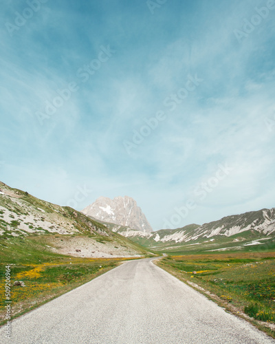 Asphalt mountain road. On a beautiful sunny day. In the Italian Gran Sasso mountains in the Abruzzo region