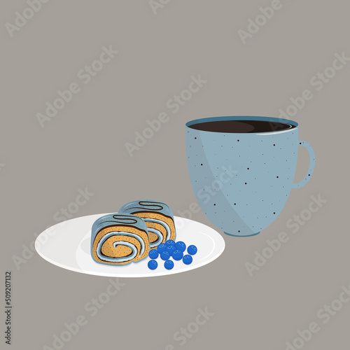 Aroma coffee and delicious roll with blueberry