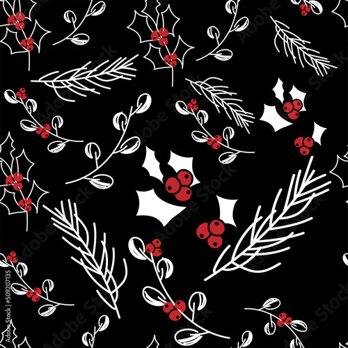Vector. Merry Christmas, Happy New Year seamless pattern with leaves, berries, holly and spruce branches. Seamless winter background. Design for wrapping paper, greeting cards, textiles, branding.