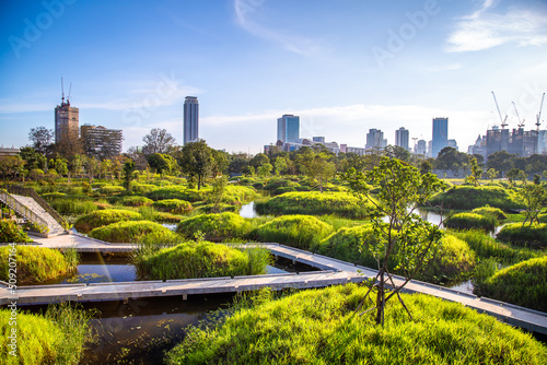 Benjakitti Park or Benchakitti forest park new design walkway in central Bangkok, Thailand photo