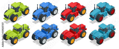 Fotografie, Obraz Isometric big agricultural tractor isolated on white, front and rear view