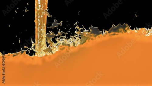 Orange Liquid like fruit juice filling all the screen in Slow Motion on Black