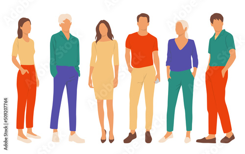  Set of young men and women  different colors  cartoon character  group of silhouettes of standing business people  students  the design concept of flat icon  isolated on white background