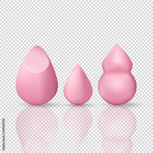 Set of three pink cosmetic sponges different shapes. 3d rendering vector beauty blenders isolated on transparent background. Template of makeup tools for blending foundation, concealer, blush, etc. 