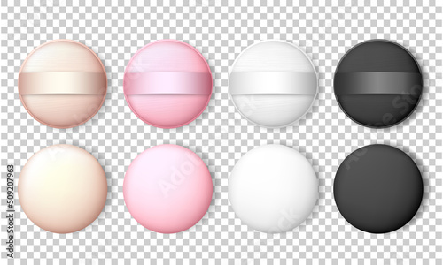 Realistic vector round makeup sponges for compact powder, foundation cushion. Set of beige, pink, white and black powder puffs.  Mockup of cosmetic items top view