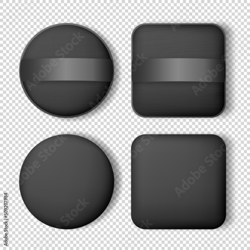 Collection of 4 square and circle black powder puffs template. Realistic makeup sponges for compact powder, foundation cushion. Template of cosmetic items isolated on transparent background