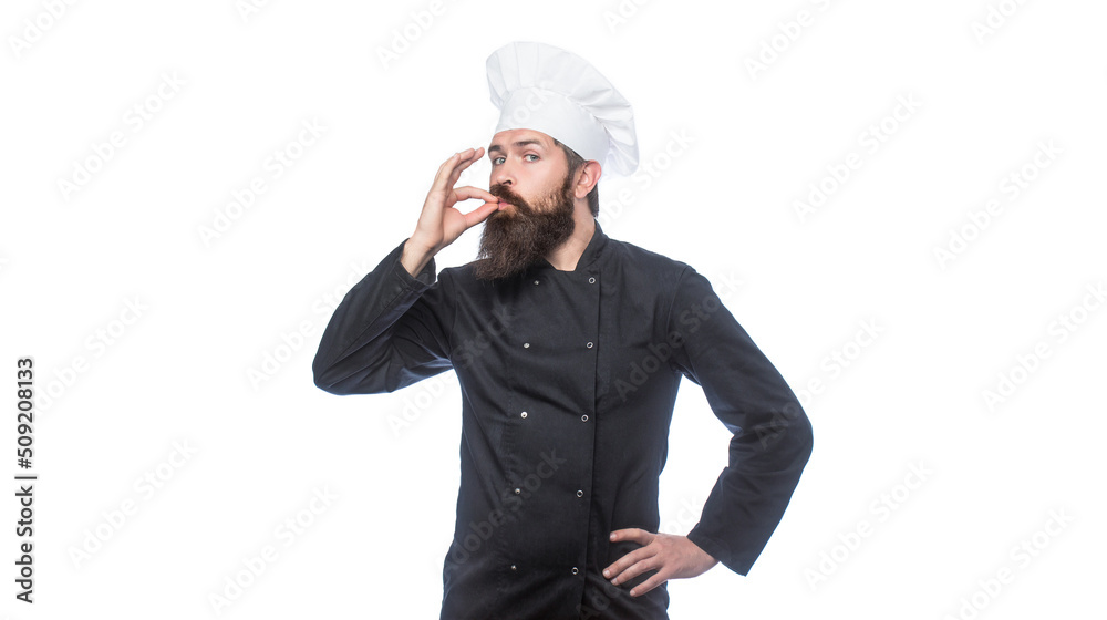 Chef, cook making tasty delicious gesture by kissing fingers. Cook hat. Bearded chef, cooks or baker. Bearded male chefs isolated on white, perfect. Professional chef man showing sign for delicious Chef, cook making tasty delicious gesture by kissing fingers. Cook hat. Bearded chef, cooks or baker. Bearded male chefs isolated on white, perfect. Professional chef man showing sign for delicious