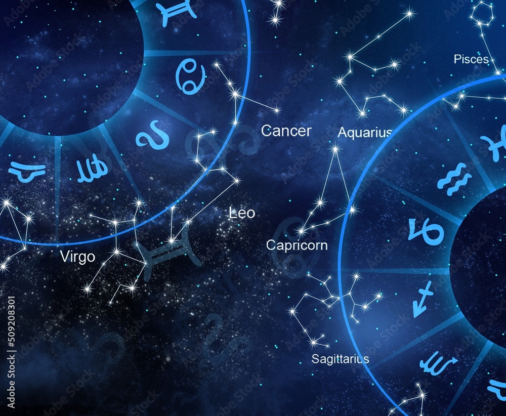 The twelve signs of the zodiac are randomly placed against the background of the cosmos, the universe. Astrology, Esotericism, secrets of the universe. - obrazy, fototapety, plakaty 
