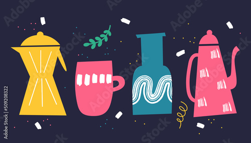 Set of different bright dishes in doodle style. Vector illustration.