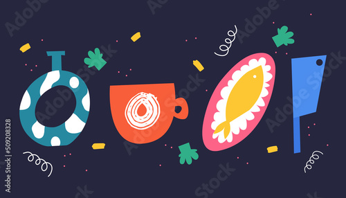 A set of bright dishes. Vase, mug, plate. Vector illustration in cartoon style.