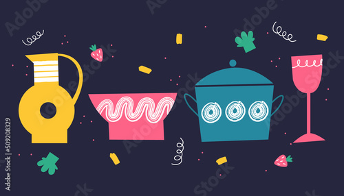 A set of various utensils. Jug, bowl, saucepan, glass. Vector illustration.
