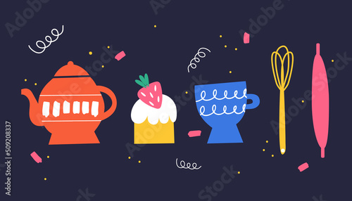 A set of beautiful dishes in doodle style. Vector illustration.
