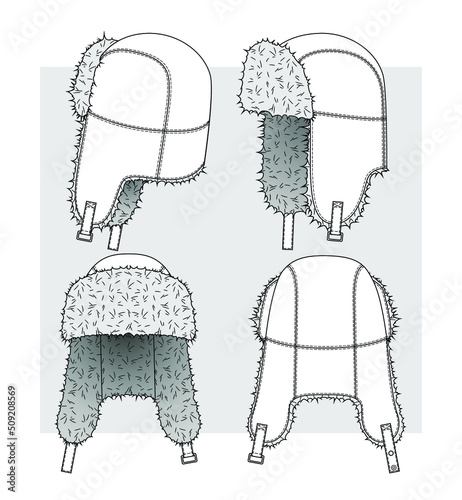 Hat with earflaps technical sketch. Front, back and side view. Vector illustration.