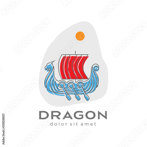 scandinavian drakkar logo design illustration of Viking ship Flat emblem 