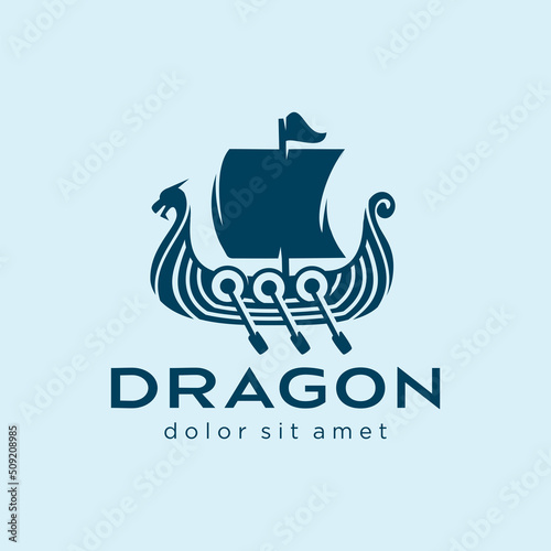 scandinavian drakkar logo design illustration of Viking ship Flat emblem 