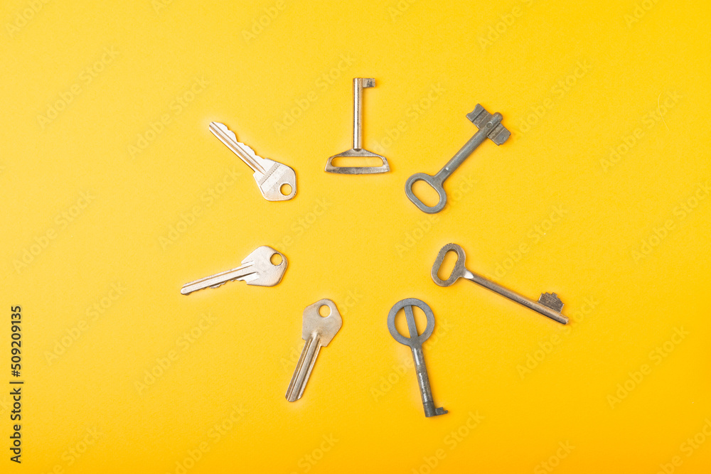Keys decorative keys for clocks and caskets and doors with unique shapes and designs.Abstract background patterns and patterns.Flat lay. Keys decorative keys for clocks and caskets and doors with unique shapes and designs.Abstract background patterns and patterns.Flat lay.