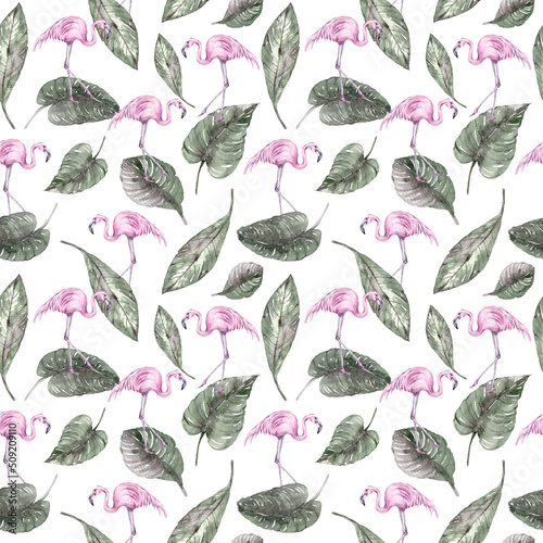 Watercolor pink flamingo  tropical floral bouquet seamless pattern for fabric  print  textile design  scrapbook paper  wrapping paper  wallpaper