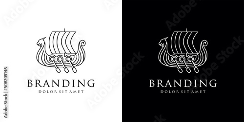 Flat emblem with scandinavian drakkar logo line on black and white background