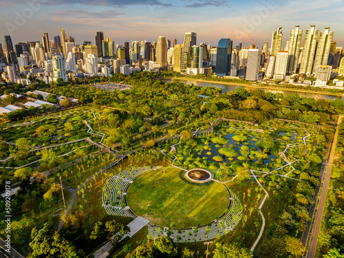 Benjakitti Park or Benchakitti forest park new design walkway in central Bangkok, Thailand photo