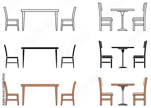 Dinner and Café Table with Chairs Clipart Set - Outline, Silhouette and Color
