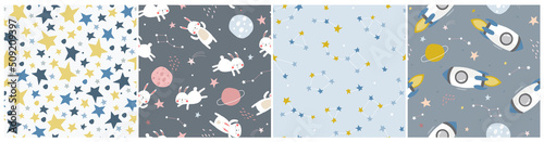 A set of seamless patterns with outer space. Rockets, rabbits, stars in the universe. Children's abstract cute pattern. Vector graphics.
