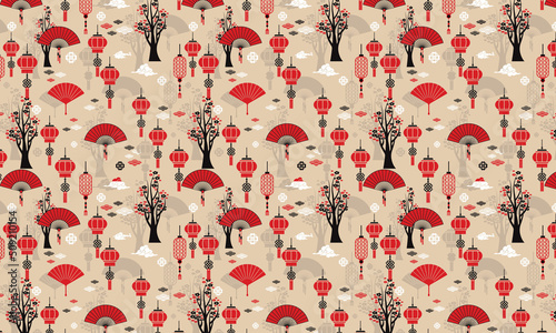 Seamless pattern with Chinese street lanterns Vector Illustration
