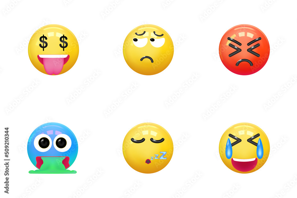 Set of icons face emotion realistic 3d render. Yellow glossy emoticons. vector illustration Set of icons face emotion realistic 3d render. Yellow glossy emoticons. vector illustration