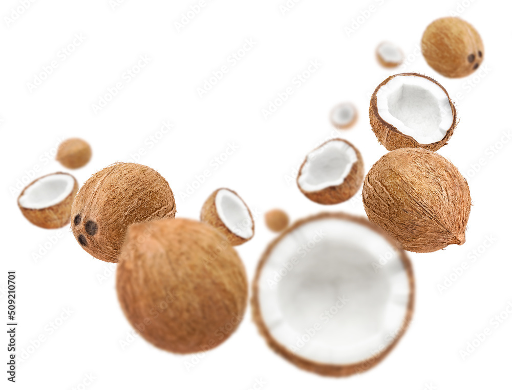 Flying coconuts, isolated on white background Flying coconuts, isolated on white background