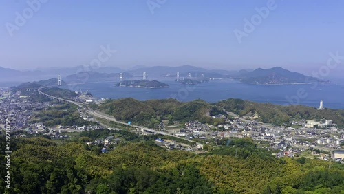 近見山展望台付近から望む来島海峡大橋と瀬戸内海（愛媛県今治市・4K）
