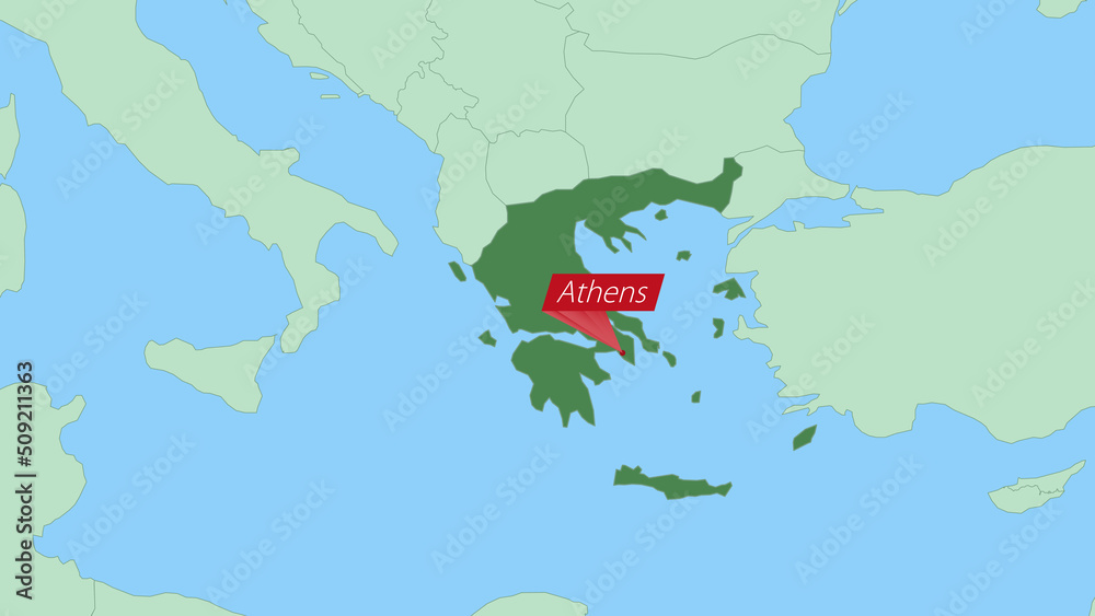 Fototapeta premium Map of Greece with pin of country capital.