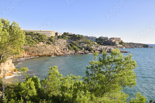 Salou, Spain - November 13, 2019: View of the rocky coast with hotels along the coast