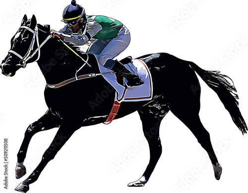 Racehorse with jockey at races. Isolated on a white background