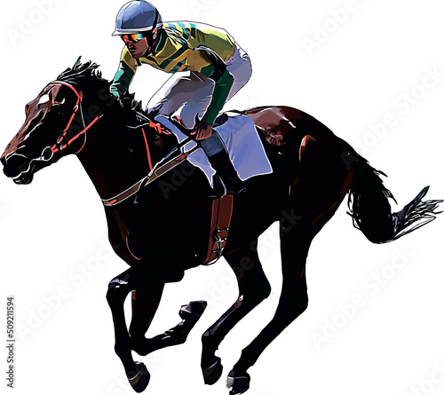 Racehorse with jockey at races. Isolated on a white background