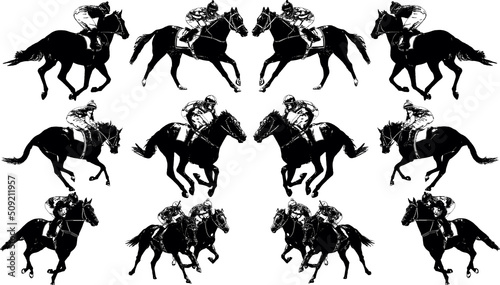Valokuva Racehorse with jockey at races. Isolated on a white background