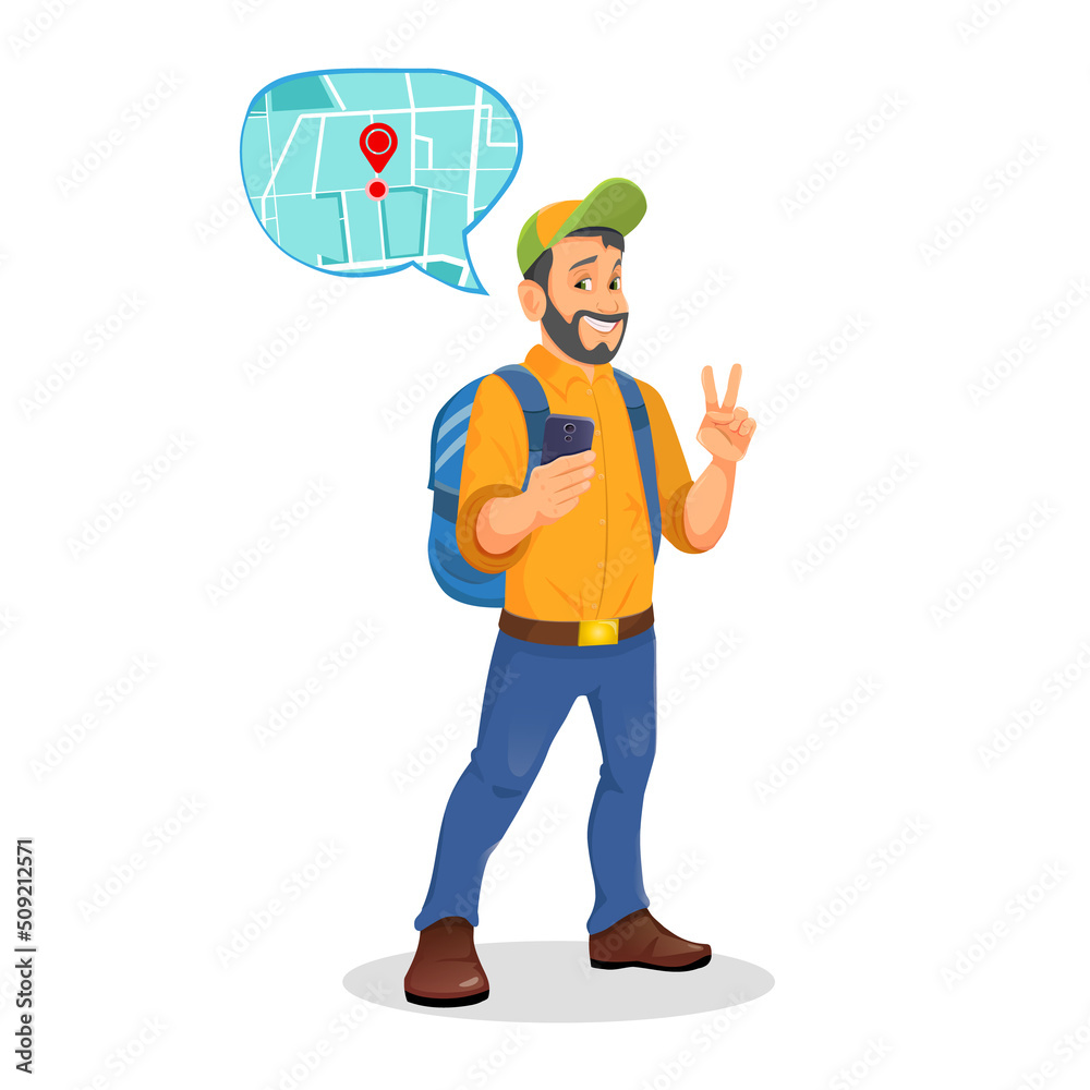A male tourist with a phone in his hands uses electronic maps to find a location. A male tourist with a phone in his hands uses electronic maps to find a location.