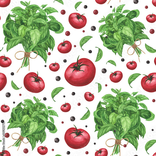 Fresh basil, tomatoes, pepper seamless pattern on white. Watercolor hand drawing illustration. Art for decoration