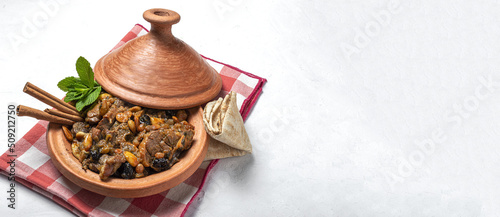 Traditional moroccan lamb meat tagine from above photo
