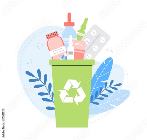 Waste container for expired medicines. Separate waste collection. Drugs in trash can. Trash can on background of leaves. Separate recycling concept. Garbage bin on background of leaves.