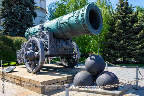 Moscow Russia-June 2022: A large bronze tsar cannon and cannonballs on Sobornaya Square in the Kremlin