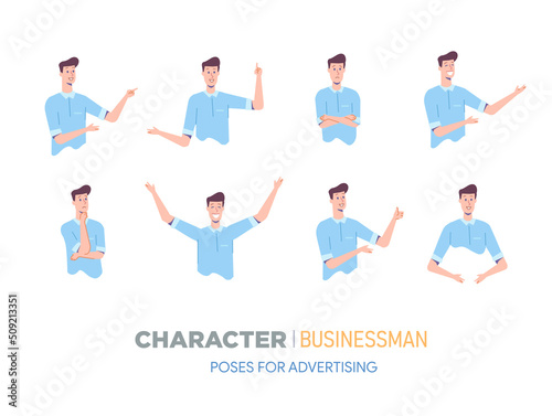 businessman character poses for advertising. Creation set with various views, face emotions, poses and gestures.