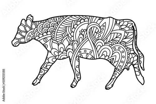 Zentangle cow. Vector ornamental and decorative template illustration for printing on postcards, t-shirts, bags, cups, clothing, Wallpaper, posters, coloring books, interior paintings.